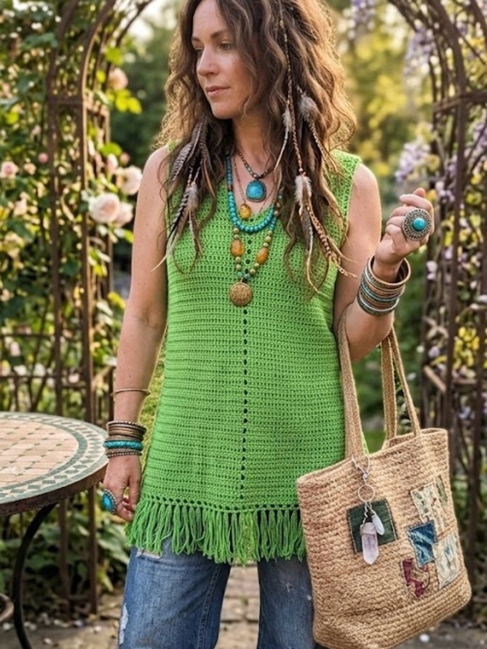 Handmade Vibrant Green Crochet Fringe Tank Top Boho Festival Sleeveless Indie